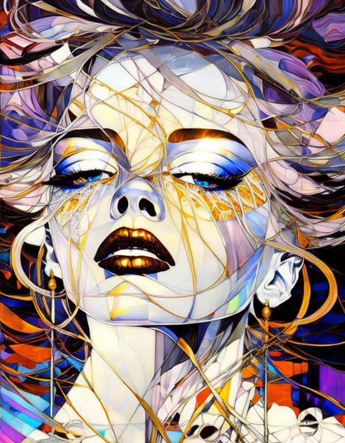 Colorful digital artwork featuring elegant woman's face with flowing hair