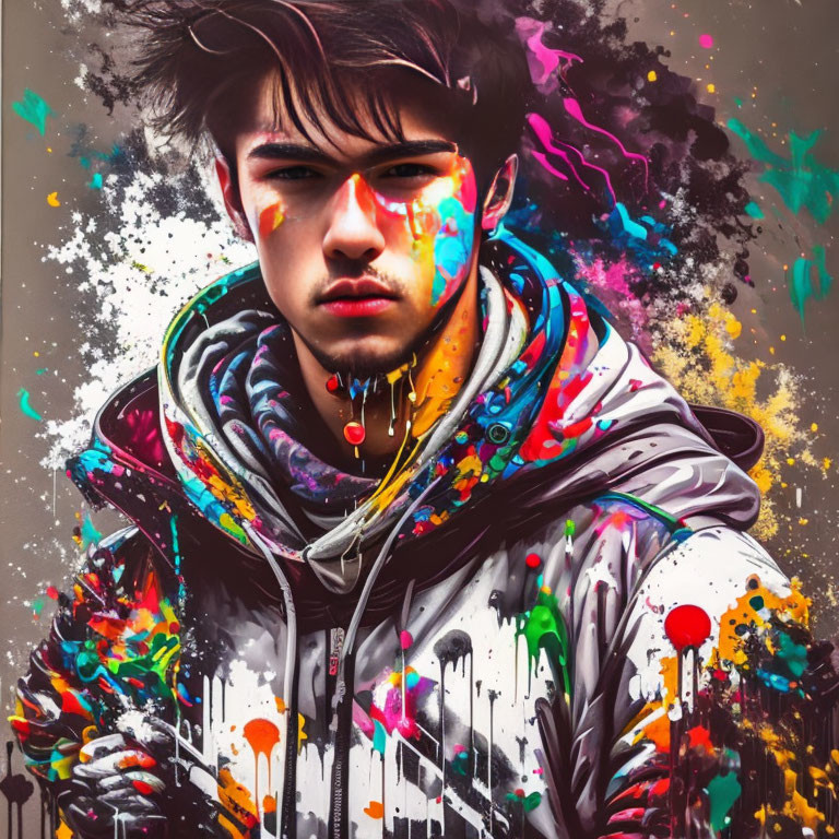 Serious young person in paint-splattered jacket with vibrant abstract background