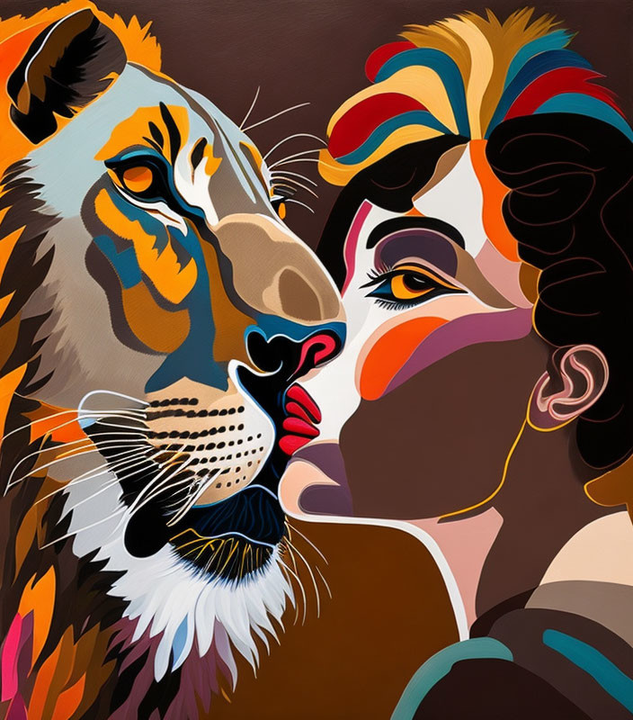 Colorful illustration: Woman's face near tiger's face in vibrant, stylized art