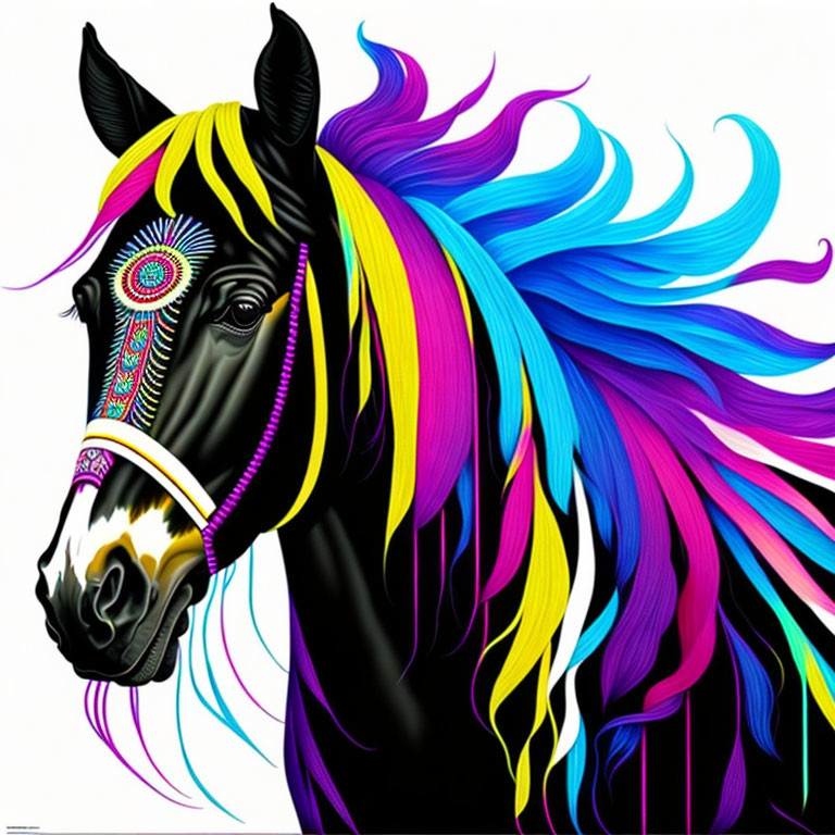 Colorful Mane Black Horse with Tribal Face Markings in Pink, Blue, Yellow