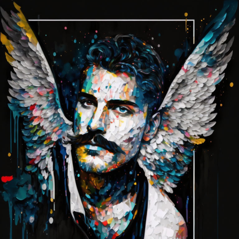 Colorful portrait of a man with mustache and abstract wings on dark background