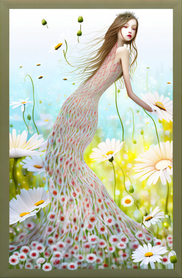 Digital artwork of a woman in floral dress among daisies and butterflies