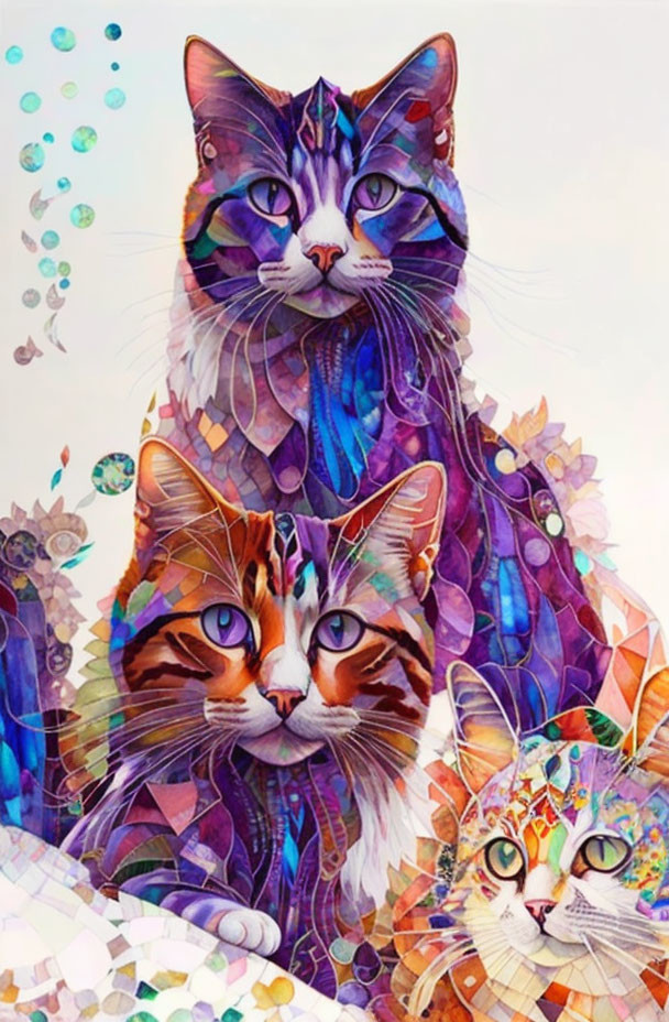 Colorful Mosaic Cat Artwork in Blues, Purples, and Oranges