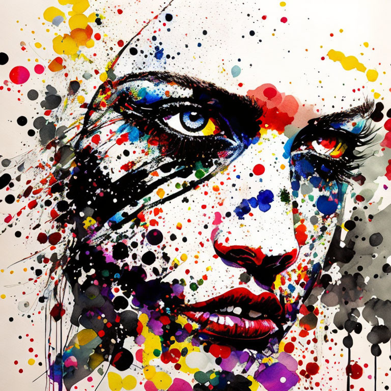 Vibrant abstract artwork: woman's face with colorful ink splashes