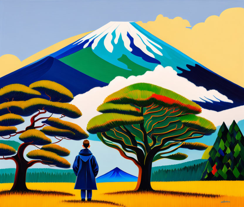 Person in blue coat in front of stylized Mount Fuji with colorful trees under vibrant sky