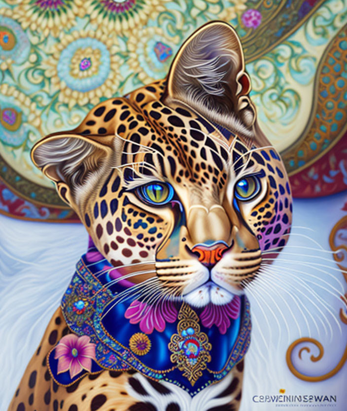 Vibrant leopard art with intricate patterns and decorative scarf