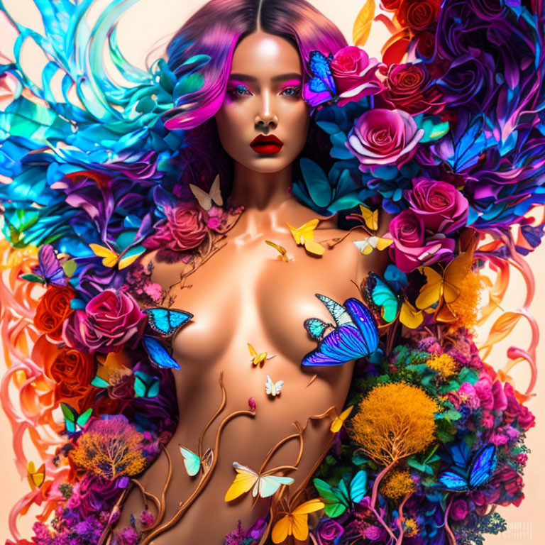 Colorful woman with vibrant hair in fantastical nature scene