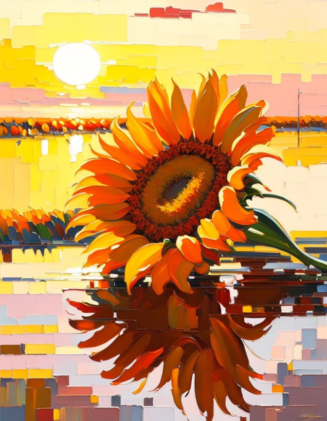 Colorful digital painting of a large sunflower on mirrored surface