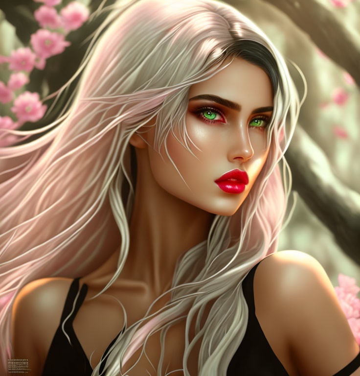 Digital artwork featuring woman with green eyes, red lips, silver hair, and pink blooms