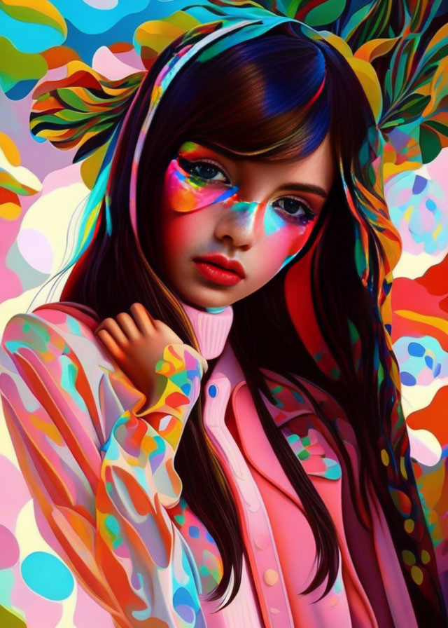 Colorful makeup girl in pink turtleneck against vibrant background