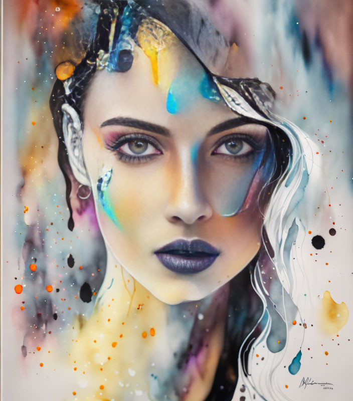 Vibrant portrait blending realism with abstract paint effects