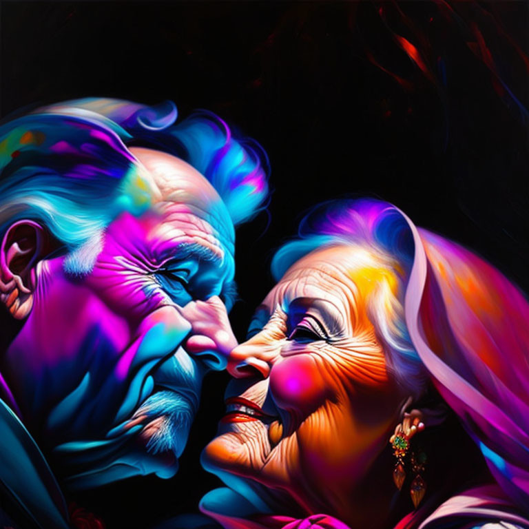 Colorful digital artwork of elderly couple smiling against dark backdrop