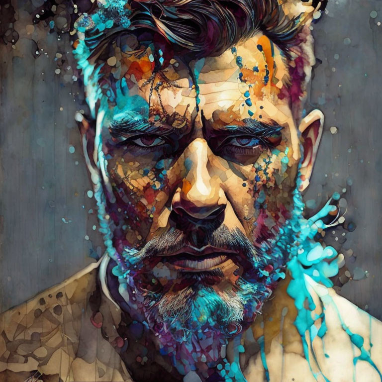 Vibrant digital art portrait of a bearded man with intense gaze