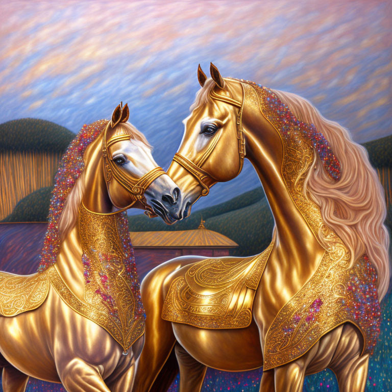 Golden horses with ornate tack against rolling hills and twilight sky