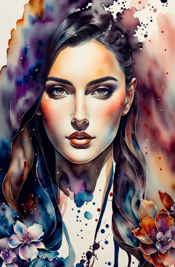 Vibrant watercolor portrait of a woman with floral elements