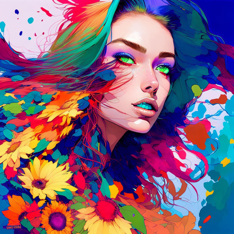 Colorful Portrait of Woman with Vibrant Hair, Eyes, Flowers, and Paint Splashes