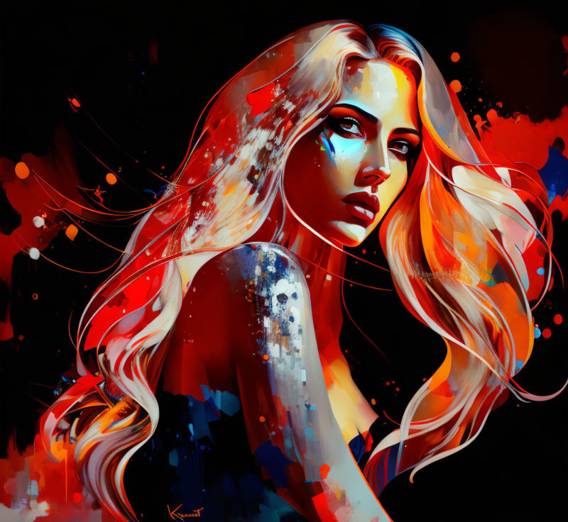 Vivid digital artwork: Woman with flowing hair in red and blue paint splashes