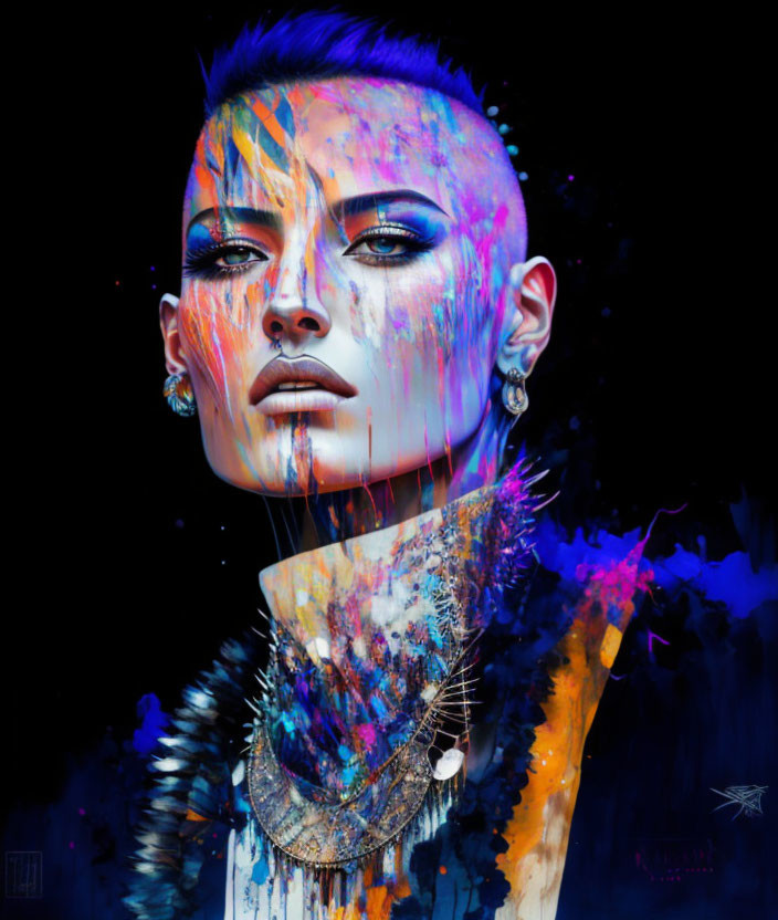 Colorful abstract digital portrait with buzz cut on dark background