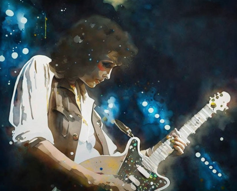 Stylized painting of person playing electric guitar with watercolor blotches