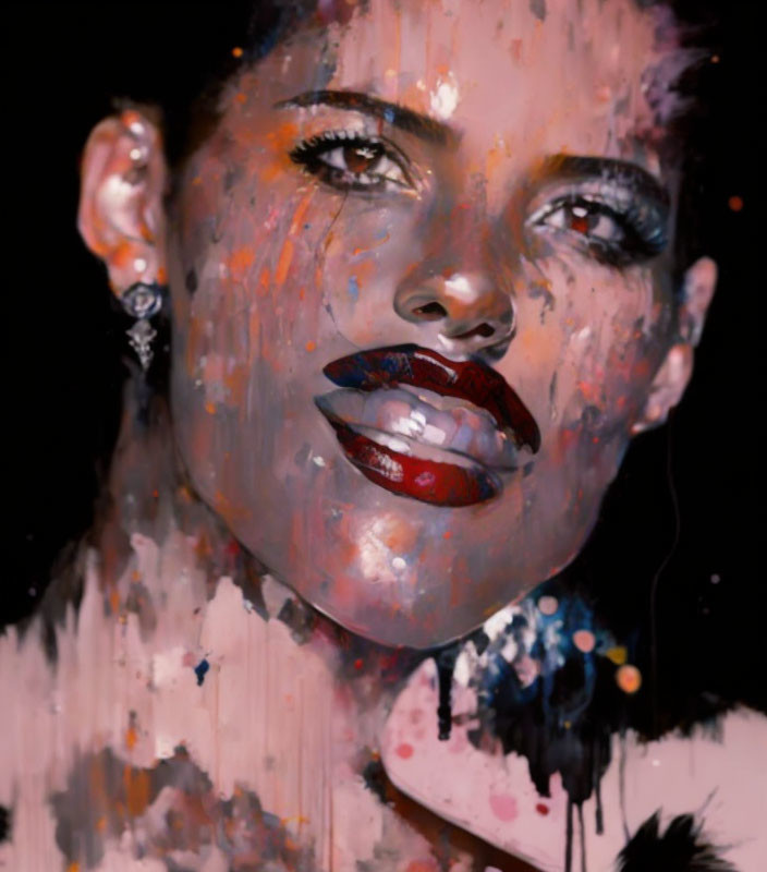 Portrait of a Woman with Splattered Paint Effect on Lips and Earrings