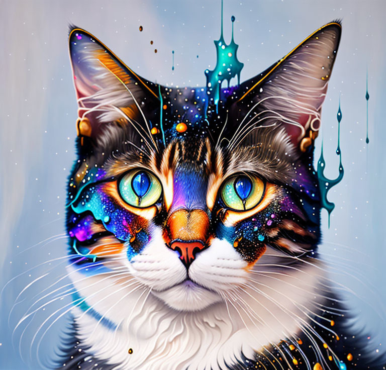 Colorful cosmic cat digital artwork with hypnotic eyes on cool-toned backdrop