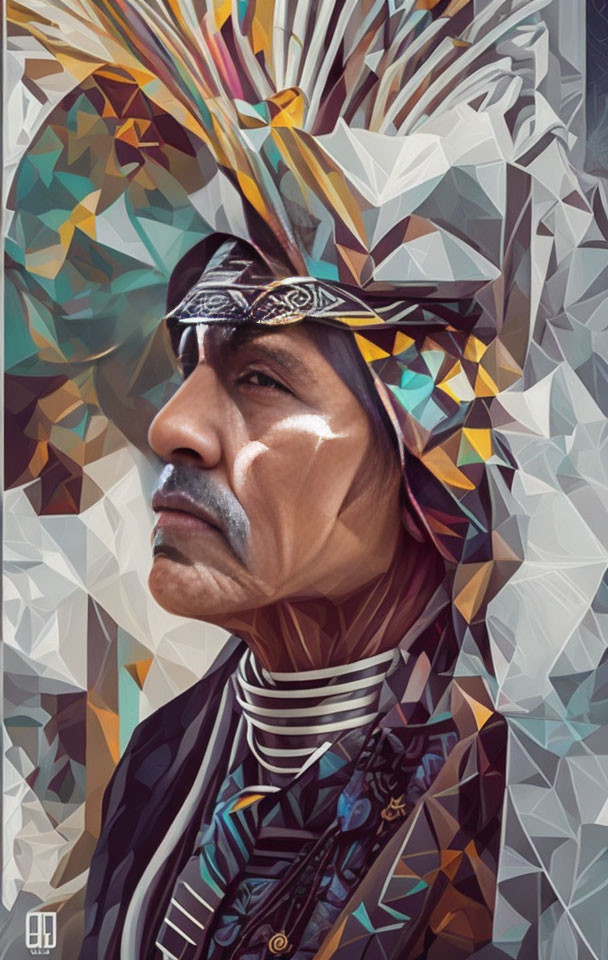 Native American man portrait with headband on abstract background