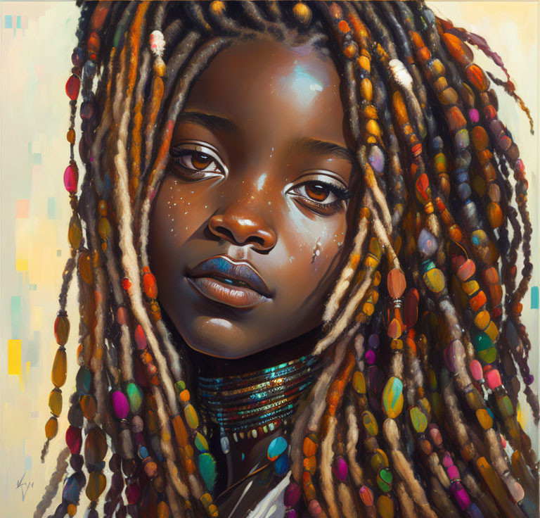 Detailed painting: Girl with multicolored beaded dreadlocks, glistening eyes, tribal necklaces