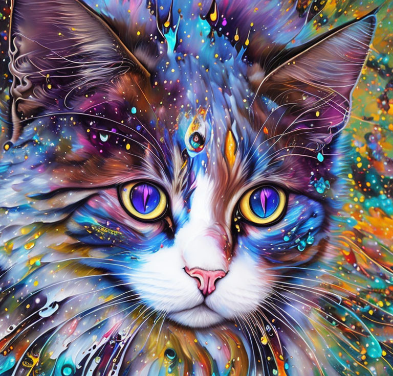 Colorful Cat Artwork with Psychedelic Patterns and Purple Eyes