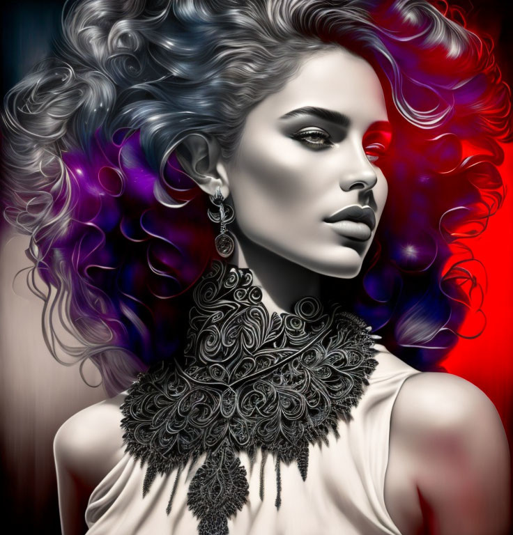 Digital artwork: Woman with curly hair, grayscale to purple transition, intricate necklace, soft gaze