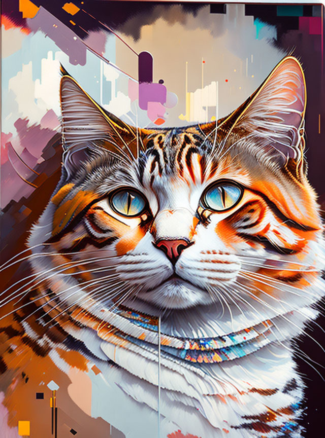 Vibrant cat art with colorful eyes & abstract backgrounds