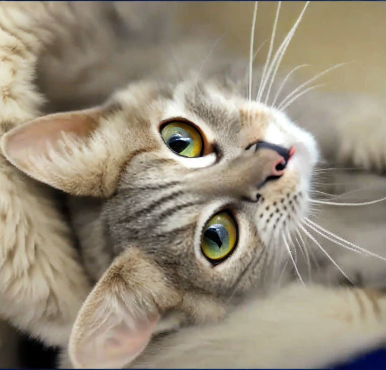 Grey Cat with Striking Yellow Eyes and Prominent Whiskers in Close-Up