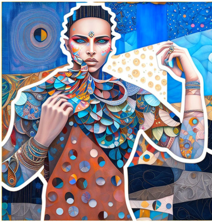 Colorful Stylized Woman Artwork with Abstract Blue Background