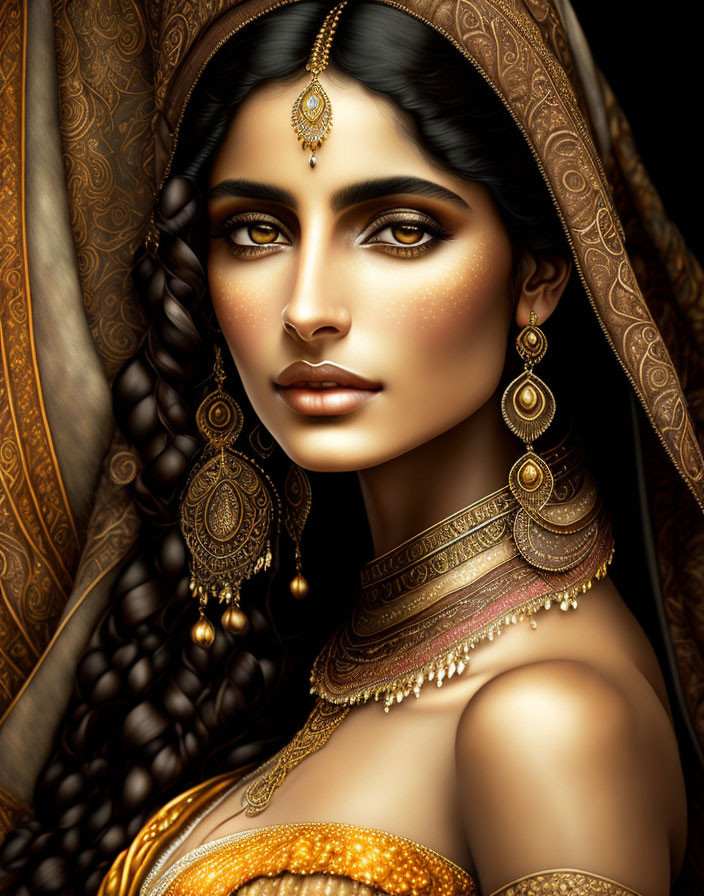 Dark-haired woman adorned with gold jewelry and henna designs