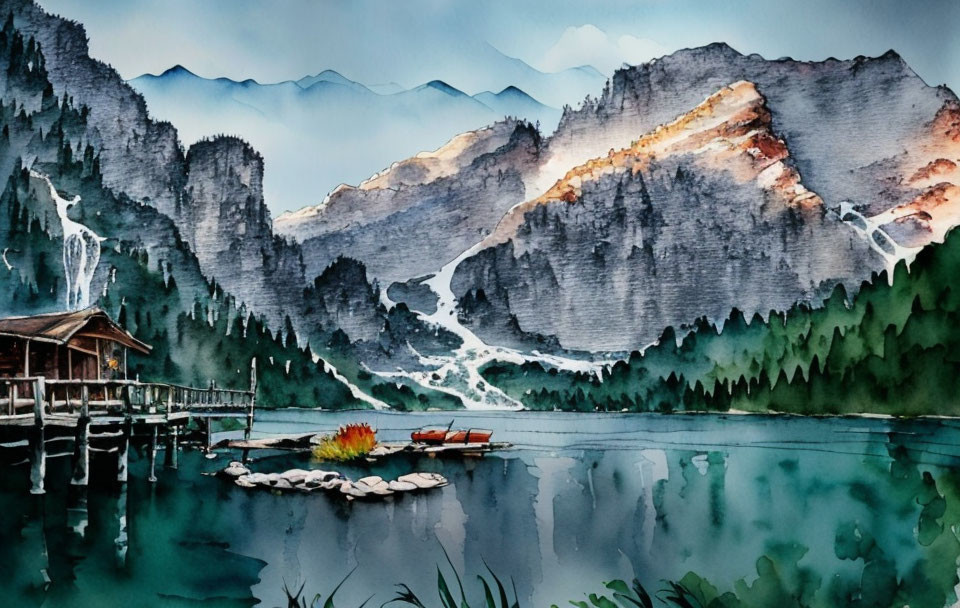 Tranquil watercolor: Mountain landscape, cabin, dock, lake, boat reflections