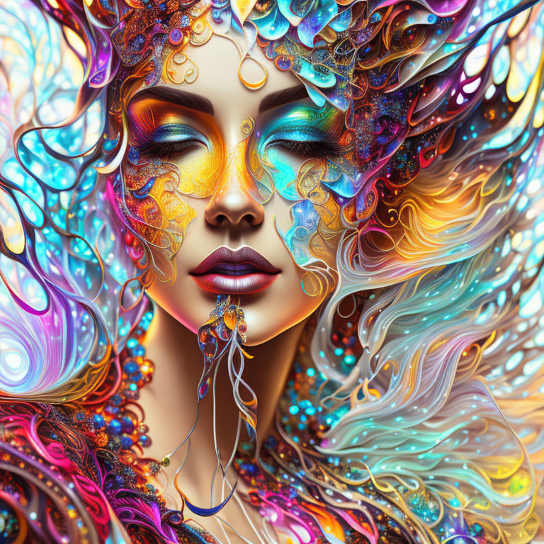 Colorful digital artwork featuring a woman with swirling patterns and ornate jewelry