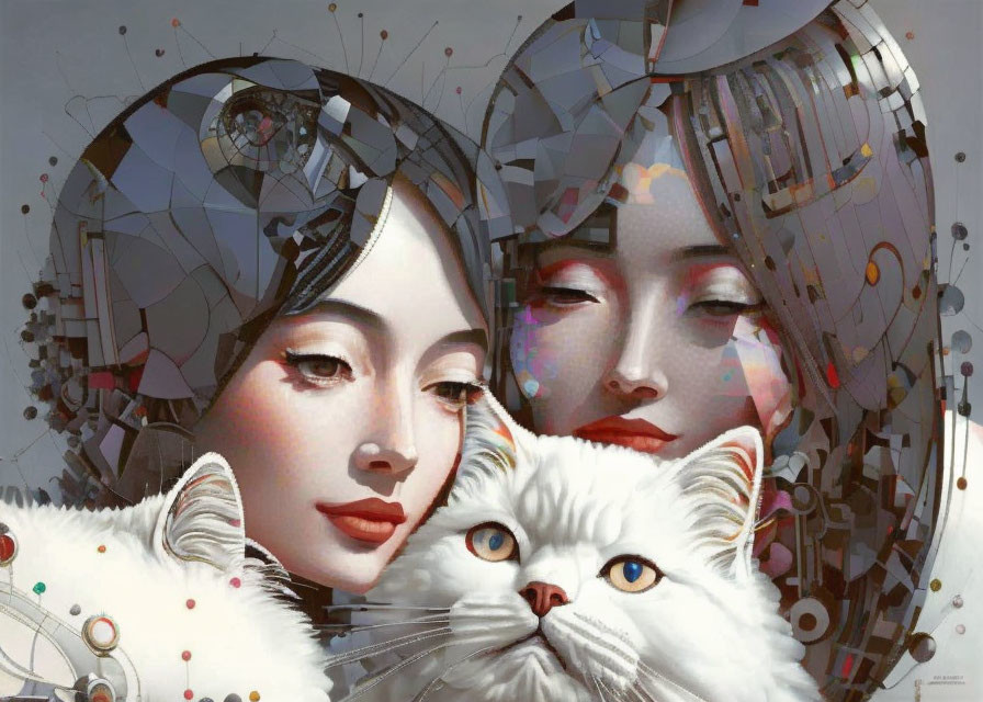 Stylized female faces with white cat against intricate background