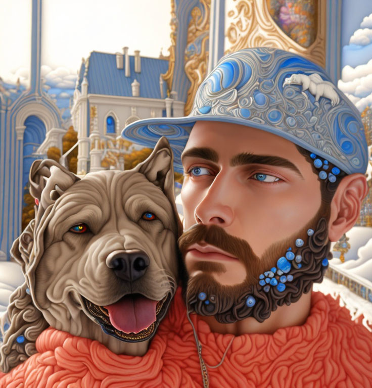 Stylized man with blue floral beard and dog in intricate palace setting