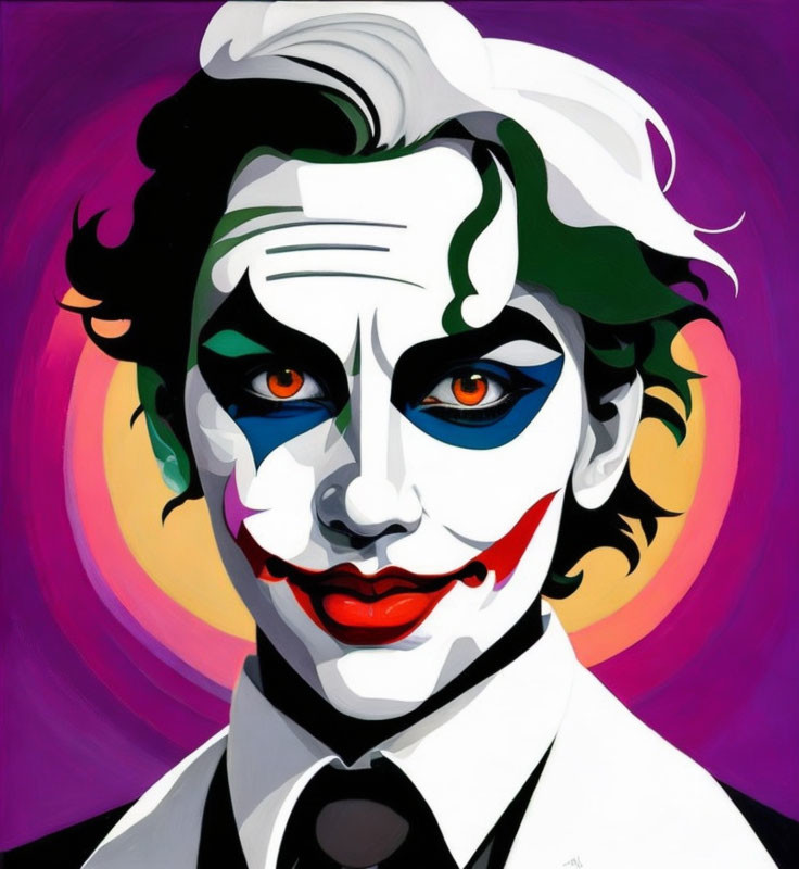 Vibrant Joker portrait with exaggerated features on purple background