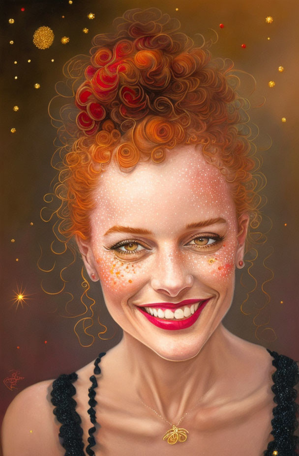 Smiling woman with red curly hair and festive decorations