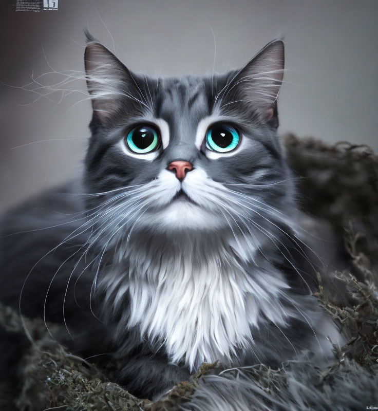 Fluffy gray and white cat with blue eyes on textured surface