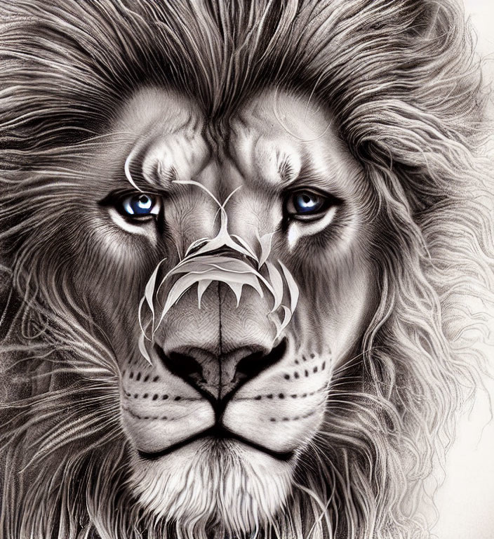 Detailed black and white lion face drawing with intense gaze and full mane