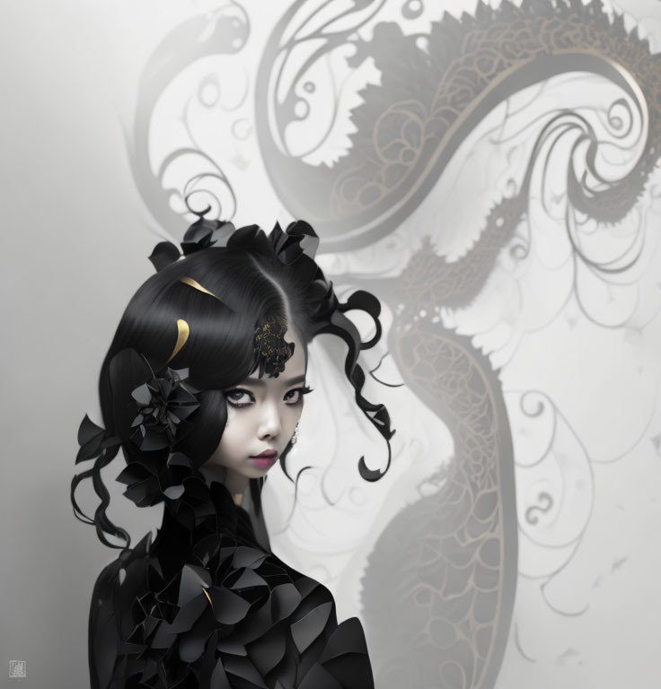 Stylized woman with black hair and gold accents in floral outfit with dragon background