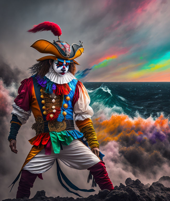 Colorful clown in elaborate costume on rocky terrain with stormy sea and rainbow sky.