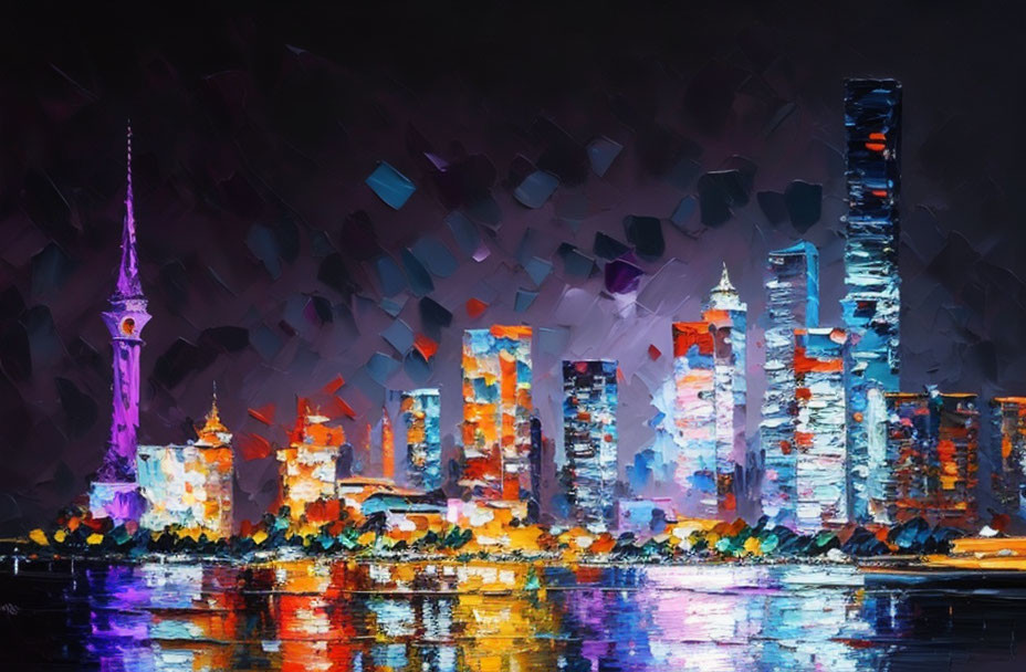 Vivid Cityscape Painting with Skyscrapers and Tower in Night Sky