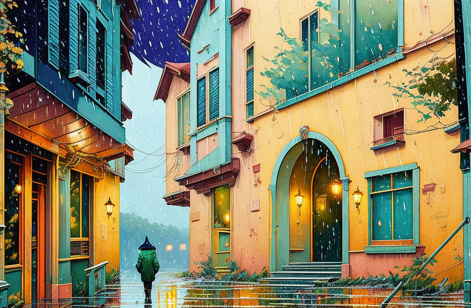 Colorful Buildings in Rainy Street Scene with Umbrellas