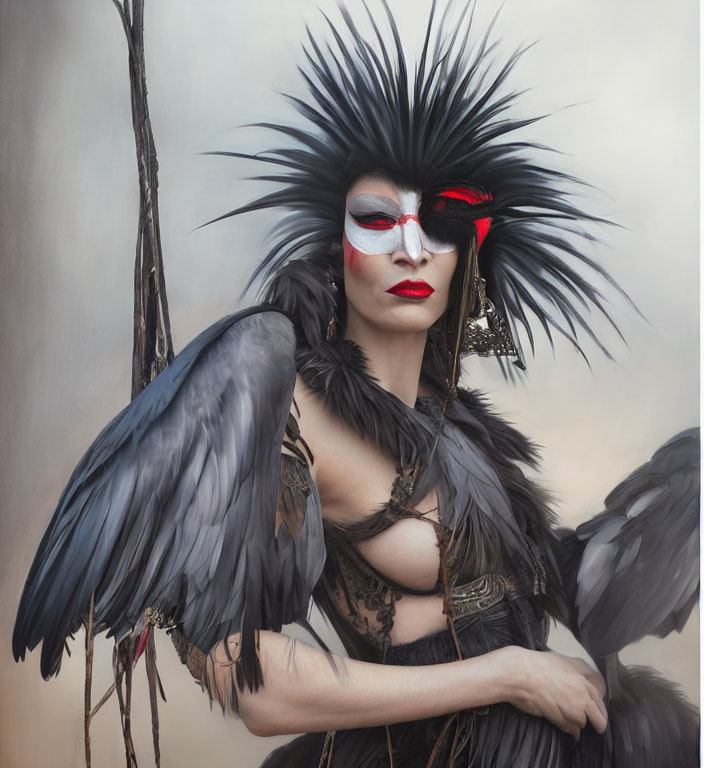 Dramatic makeup and feathered costume with bird-like headdress and wings