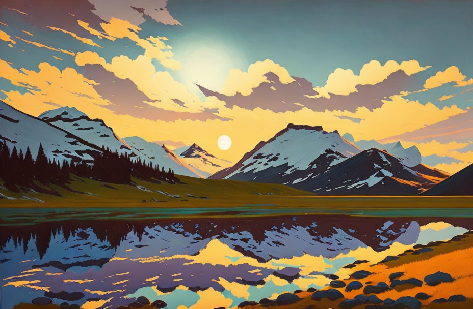 Stylized landscape with mountains, lake, golden clouds, and sun/moon