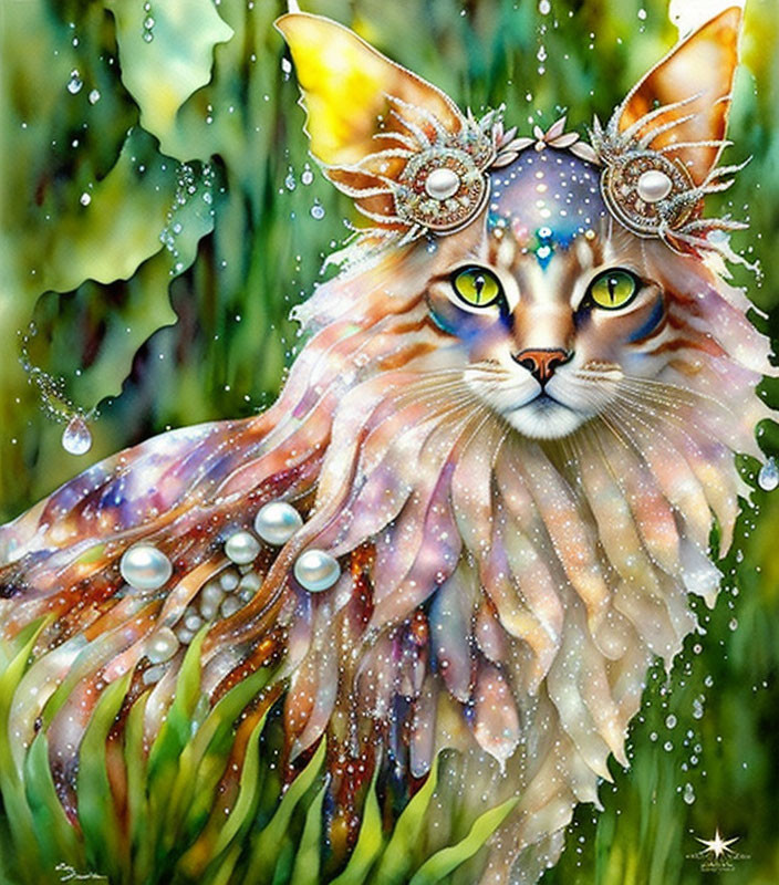 Colorful mystical cat art with green eyes and jewels in nature setting