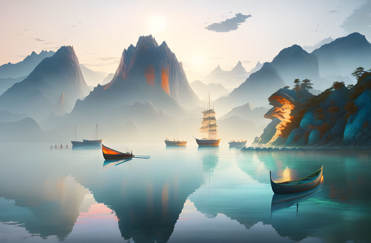 Boats on calm water at sunrise with mountain reflection.