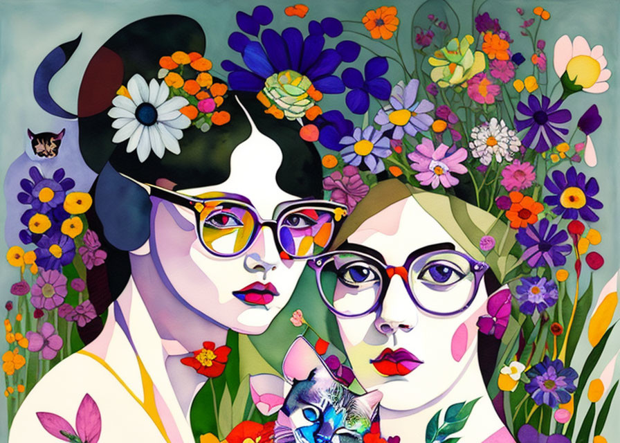 Colorful Floral Motif Illustration of Two Women with Cats in Hair